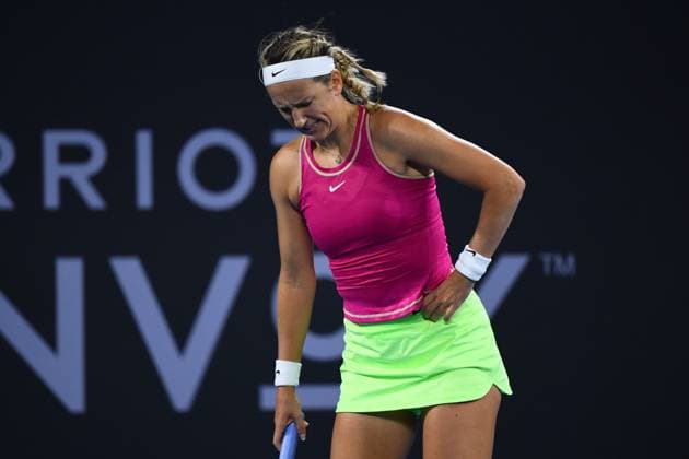 TENNIS BRISBANE INTERNATIONAL, Victoria Azarenka of Belarus reacts in pain against Aryna Sabalenka of Belarus during their semifinal match on Day 7 of the 2024 Brisbane International at the Queensland Tennis Centre in Brisbane, Saturday, January 6, 2024. ( NO ARCHIVING, EDITORIAL USE ONLY, NO USE IN BOOKS WITHOUT CONSENT BRISBANE QUEENSLAND AUSTRALIA  Copyright: xJONOxSEARLEx 20240106001885483002