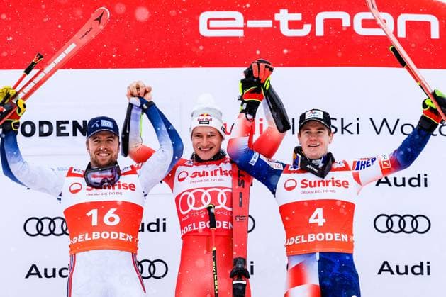 Sport Themen der Woche KW01 ALPINE SKIING - FIS WC Adelboden ADELBODEN,SWITZERLAND,06.JAN.24 - ALPINE SKIING - FIS World Cup, giant slalom, men, award ceremony. Image shows the rejoicing of Aleksander Aamodt Kilde (NOR) Marco Odermatt (SUI) and Filip Zubcic (CRO).  GEPAxpictures xMarioxBuehner-Wei