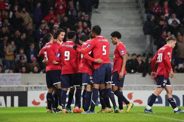Joie des joueurs du LOSC lors du match LOSC vs GOLDEN LION SAINT-JOSEPH, Coupe de France 32e de finale, Decathlon Arena stade Pierre Mauroy, le 6 janvier 2024 FOOTBALL : LOSC vs GOLDEN LION SAINT-JOSEPH - COUPE DE FRANCE - 06 01 2024 LaurentSanson Panoramic 