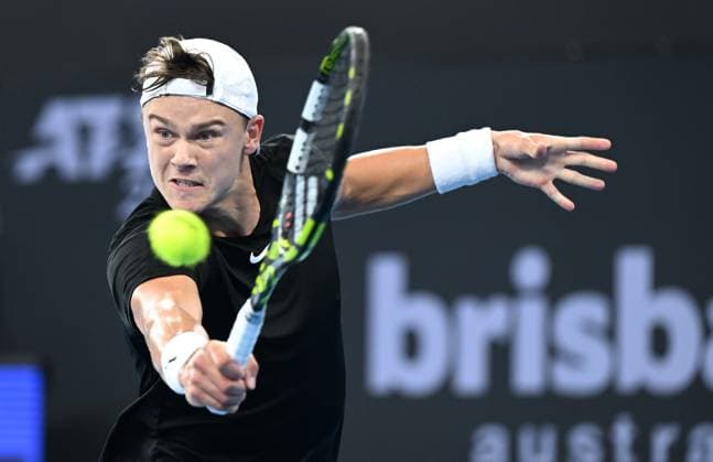TENNIS BRISBANE INTERNATIONAL, Holger Rune of Denmark in action against Grigor Dimitrov of Bulgaria during the men?s Final on Day 8 of the 2024 Brisbane International at the Queensland Tennis Centre in Brisbane, Sunday, January 7, 2024. ( NO ARCHIVING, EDITORIAL USE ONLY, NO USE IN BOOKS WITHOUT CONSENT BRISBANE QUEENSLAND AUSTRALIA  Copyright: xDARRENxENGLANDx 20240107001885857214