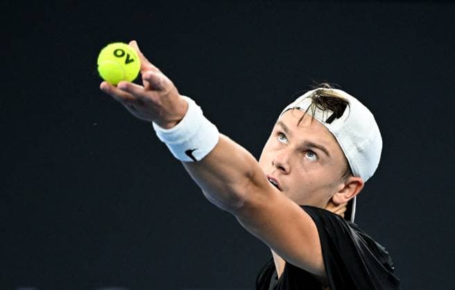 TENNIS BRISBANE INTERNATIONAL, Holger Rune of Denmark in action against Grigor Dimitrov of Bulgaria during the men?s Final on Day 8 of the 2024 Brisbane International at the Queensland Tennis Centre in Brisbane, Sunday, January 7, 2024. ( NO ARCHIVING, EDITORIAL USE ONLY, NO USE IN BOOKS WITHOUT CONSENT BRISBANE QUEENSLAND AUSTRALIA  Copyright: xDARRENxENGLANDx 20240107001885865249