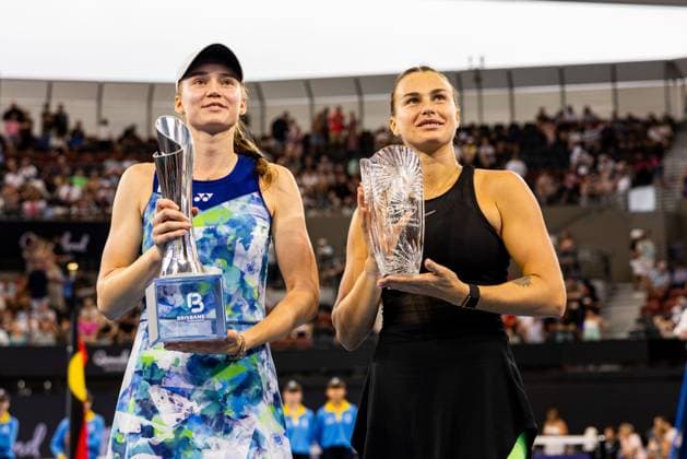 ELENA RYBAKINA and Aryna Sabalenka trophy presentation Womens Final Brisbane international 7th January 2024 Brisbane International Tennis Tournament, Day Eight, Queensland Tennis Centre, Brisbane, Australia - 07 Jan 2024  Copyright: xBenxSymons Shutterstockx 14286931ci