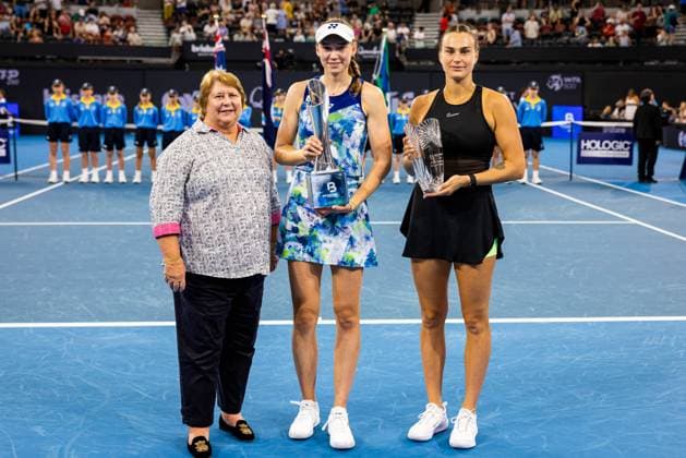 ELENA RYBAKINA and Aryna Sabalenka trophy presentation Womens Final Brisbane international 7th January 2024 Brisbane International Tennis Tournament, Day Eight, Queensland Tennis Centre, Brisbane, Australia - 07 Jan 2024  Copyright: xBenxSymons Shutterstockx 14286931ca
