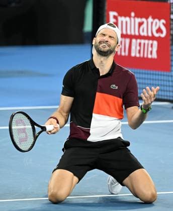 TENNIS BRISBANE INTERNATIONAL, Grigor Dimitrov of Bulgaria celebrates winning against Holger Rune of Denmark during the men?s Final on Day 8 of the 2024 Brisbane International at the Queensland Tennis Centre in Brisbane, Sunday, January 7, 2024. ( NO ARCHIVING, EDITORIAL USE ONLY, NO USE IN BOOKS WITHOUT CONSENT BRISBANE QUEENSLAND AUSTRALIA  Copyright: xDARRENxENGLANDx 20240107001885876709