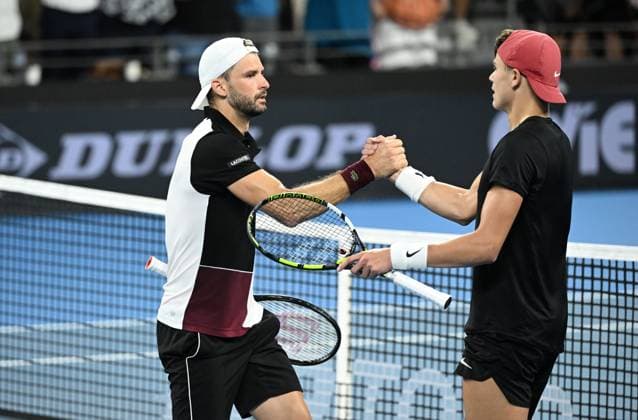 TENNIS BRISBANE INTERNATIONAL, Grigor Dimitrov (left) of Belarus is congratulated by Holger Rune (right) of Denmark after winning the men?s Final on Day 8 of the 2024 Brisbane International at the Queensland Tennis Centre in Brisbane, Sunday, January 7, 2024. ( NO ARCHIVING, EDITORIAL USE ONLY, NO USE IN BOOKS WITHOUT CONSENT BRISBANE QUEENSLAND AUSTRALIA  Copyright: xDARRENxENGLANDx 20240107001885882552