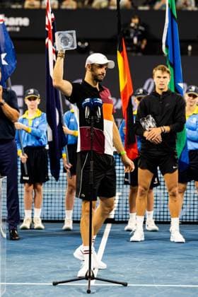 Trophy celebration Mens Final Brisbane international 7th January 2024 Brisbane International Tennis Tournament, Day Eight, Queensland Tennis Centre, Brisbane, Australia - 07 Jan 2024  Copyright: xBenxSymons Shutterstockx 14286931gc