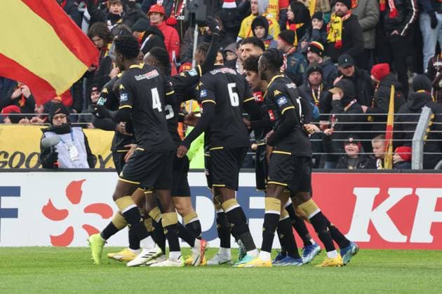 Joie des joueurs de Monaco lors du match de Coupe de France entre le RC Lens et Monaco, stade Bollaert-Delelis, le 7 janvier 2024 FOOTBALL : RC LENS vs MONACO - COUPE DE FRANCE - 07 01 2024 LaurentSanson Panoramic 