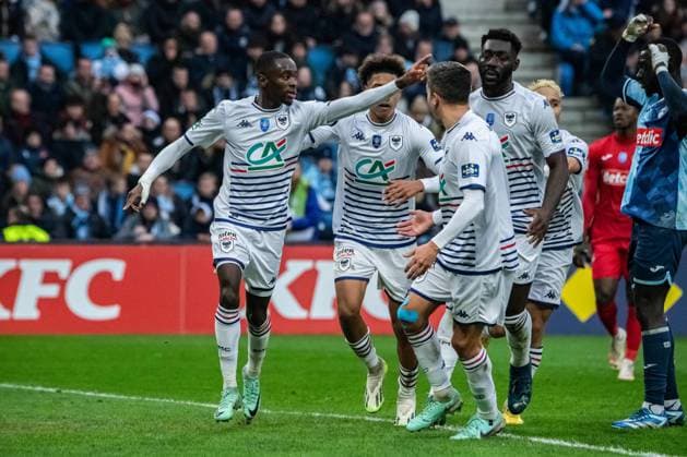 Joie des joueurs du SM Caen aprÃ s le but de Godson Kyeremeh (SM Caen) FOOTBALL : Havre AC vs SM Caen - Coupe de France - 32e de Finale - 07 01 2024 BaptisteAutissier Panoramic 