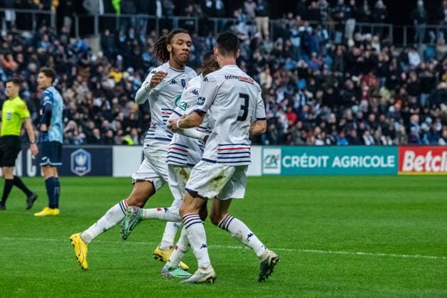 Joie des joueurs du SM Caen aprÃ s le but de Godson Kyeremeh (SM Caen) FOOTBALL : Havre AC vs SM Caen - Coupe de France - 32e de Finale - 07 01 2024 BaptisteAutissier Panoramic 
