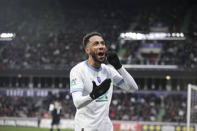 Joie des joueurs de l equipe Marseille apres le but de AUBAMEYANG EMERICK 10 FOOTBALL : Thionville Lusitanos vs Olympique Marseille - Coupe De France - 07 01 2024 ElyxandroCegarra Panoramic 