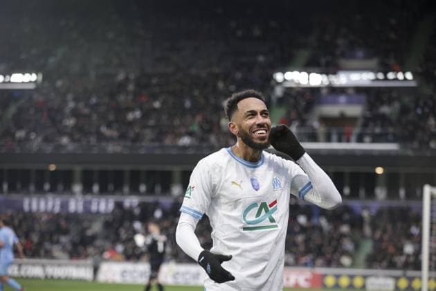 Joie des joueurs de l equipe Marseille apres le but de AUBAMEYANG EMERICK 10 FOOTBALL : Thionville Lusitanos vs Olympique Marseille - Coupe De France - 07 01 2024 ElyxandroCegarra Panoramic 