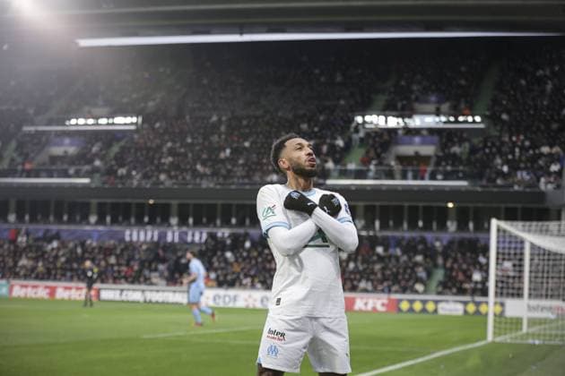 Joie des joueurs de l equipe Marseille apres le but de AUBAMEYANG EMERICK 10 FOOTBALL : Thionville Lusitanos vs Olympique Marseille - Coupe De France - 07 01 2024 ElyxandroCegarra Panoramic 