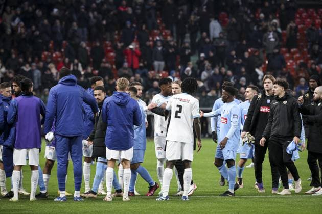 Fin du match - Joie des joueurs de Marseille apres sa victoire FOOTBALL : Thionville Lusitanos vs Olympique Marseille - Coupe De France - 07 01 2024 ElyxandroCegarra Panoramic 
