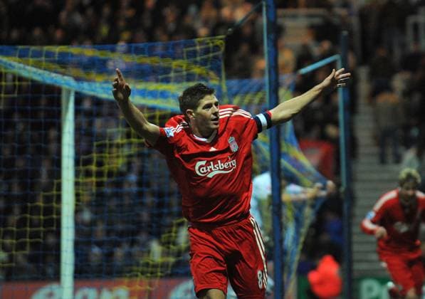 Steven Gerrard of Liverpool celebrates laying on the second goal Steven Gerrard of Liverpool celebrates laying on the second goal..EON FA Cup 3rd Round..Preston North End v Liverpool..3rd January, 2009.(Credit Image: PHOTOGRAPHER Sportimage Cal Media) UK EDITORIAL USE ONLY Copyright: xx SimonxBellisx csmphoto197708