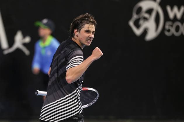 TENNIS ADELAIDE INTERNATIONAL, Alexander Chevchenko celebrates a point against Thomas Martin Etcheverry (ARG) during their round 1 match of the 2024 Adelaide International at Memorial Drive Tennis Centre in Adelaide, Monday, January 8, 2024. ( NO ARCHIVING, EDITORIAL USE ONLY, NO USE IN BOOKS WITHOUT CONSENT ADELAIDE SOUTH AUSTRALIA AUSTRALIA  Copyright: xMATTxTURNERx 20240108001886358187