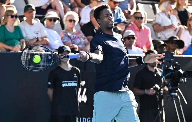 8th January 2024; Auckland, New Zealand: Gael Monfils of France plays a shot during his first round singles match at the ASB Classic tennis tournament in Auckland, New Zealand. Monday January 8th, 2024.  ActionPlus12596015 AndrewxCornaga