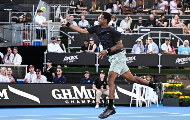 8th January 2024; Auckland, New Zealand: Gael Monfils of France plays a shot during his first round singles match at the ASB Classic tennis tournament in Auckland, New Zealand. Monday January 8th, 2024.  ActionPlus12596016 AndrewxCornaga