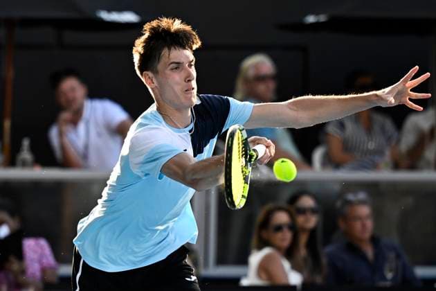 8th January 2024; Auckland, New Zealand: Fabian Marozsan of Hungary plays a shot during his first round singles match at the ASB Classic tennis tournament in Auckland, New Zealand. Monday January 8th, 2024.  ActionPlus12596017 AndrewxCornaga
