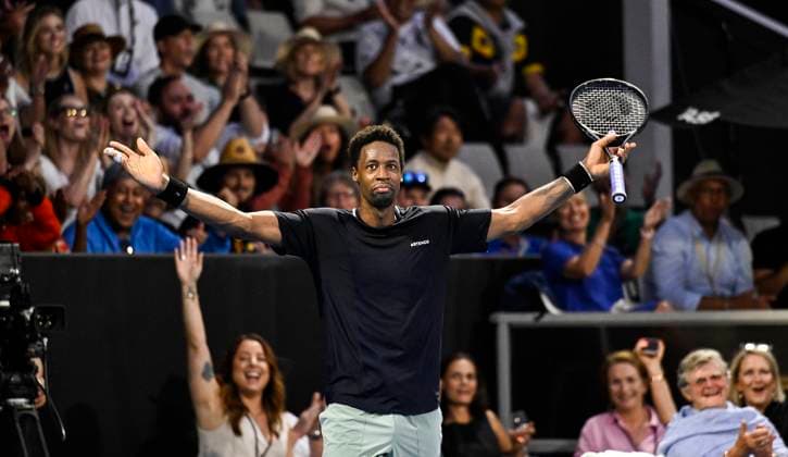 8th January 2024; Auckland, New Zealand: Gael Monfils of the France reacts during his first round singles match at the ASB Classic tennis tournament in Auckland, New Zealand. Monday January 8th, 2024.  ActionPlus12596033 AndrewxCornaga
