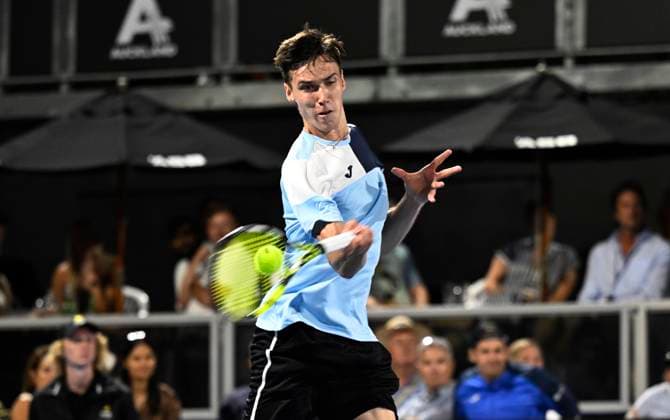 8th January 2024; Auckland, New Zealand: Fabian Marozsan of Hungary plays a shot during his first round singles match at the ASB Classic tennis tournament in Auckland, New Zealand. Monday January 8th, 2024.  ActionPlus12596035 AndrewxCornaga
