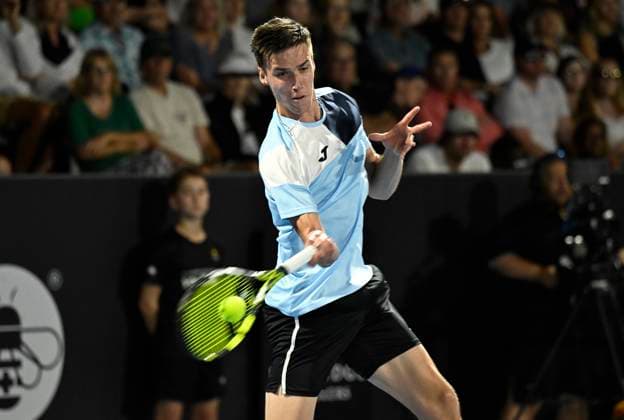 8th January 2024; Auckland, New Zealand: Fabian Marozsan of Hungary plays a shot during his first round singles match at the ASB Classic tennis tournament in Auckland, New Zealand. Monday January 8th, 2024.  ActionPlus12596036 AndrewxCornaga