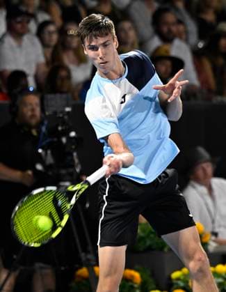 8th January 2024; Auckland, New Zealand: Fabian Marozsan of Hungary plays a shot during his first round singles match at the ASB Classic tennis tournament in Auckland, New Zealand. Monday January 8th, 2024.  ActionPlus12596037 AndrewxCornaga