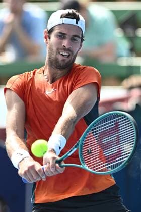 TENNIS KOOYONG CLASSIC, Karen Khachanov of Russia in action against Holger Rune of Denmarkduring their match in the 2024 Kooyong Classic at the Kooyong Lawn Tennis Club in Melbourne, Wednesday, January 10, 2024. ( NO ARCHIVING, EDITORIAL USE ONLY, NO USE IN BOOKS WITHOUT CONSENT MELBOURNE VICTORIA AUSTRALIA  Copyright: xJOELxCARRETTx 20240110001887067481