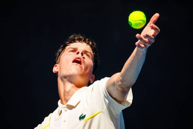 Belgian Alexander Block ATP, Tennis Herren 351) pictured in action at a men s qualifying singles first round game between Belgian Blockx and US Svajda, at the qualifiers of the Australian Open Grand Slam tennis tournament, Wednesday 10 January 2024 in Melbourne Park, Melbourne, Australia. The 2024 edition of the Australian Grand Slam takes place from January 14th to January 28th. PATRICKxHAMILTON  x83727887x