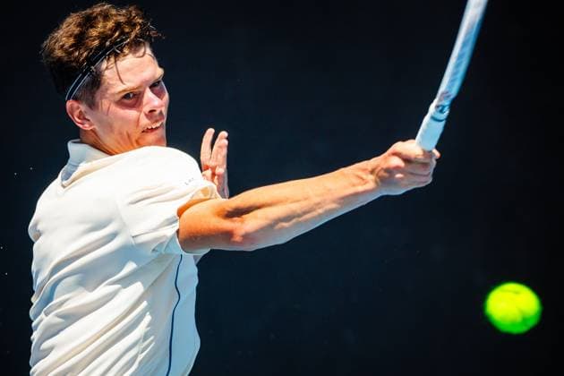 Belgian Alexander Block ATP, Tennis Herren 351) pictured in action at a men s qualifying singles first round game between Belgian Blockx and US Svajda, at the qualifiers of the Australian Open Grand Slam tennis tournament, Wednesday 10 January 2024 in Melbourne Park, Melbourne, Australia. The 2024 edition of the Australian Grand Slam takes place from January 14th to January 28th. PATRICKxHAMILTON  x83727975x
