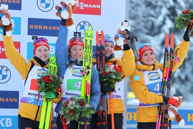 Bilder des Jahres 2024, Sport 01 Januar Sport Themen der Woche KW02 Sport Bilder des Tages BIATHLON - IBU WC Ruhpolding RUHPOLDING,GERMANY,10.JAN.24 - BIATHLON - IBU World Cup, 4x6km relay, ladies. Image shows the rejoicing of Janina Hettich-Walz, Sophia Schneider, Franziska Preuss and Hanna Klebinger (GER).  GEPAxpictures xThomasxBachun
