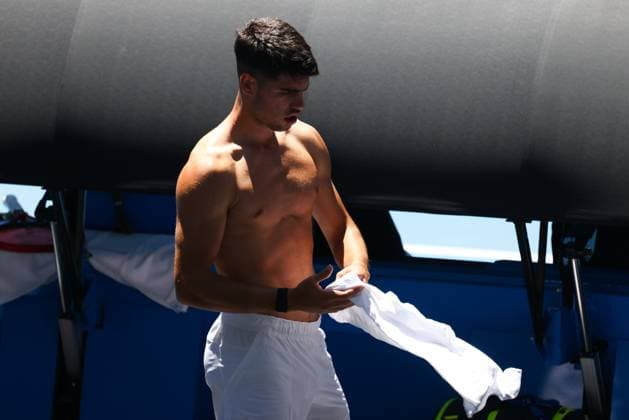 January 11, 2024, Melbourne, Victoria, Australia: MELBOURNE, AUSTRALIA - JANUARY 11: Carlos Alcaraz of Spain completes a training session with Stan Wawrinka of Switzerland ahead of the 2024 Australian Open at Melbourne Park on January 11, 2024 in Melbourne, Australia. Melbourne Australia - ZUMAp121 20240111_zsp_p121_027 Copyright: xChrisxPutnamx