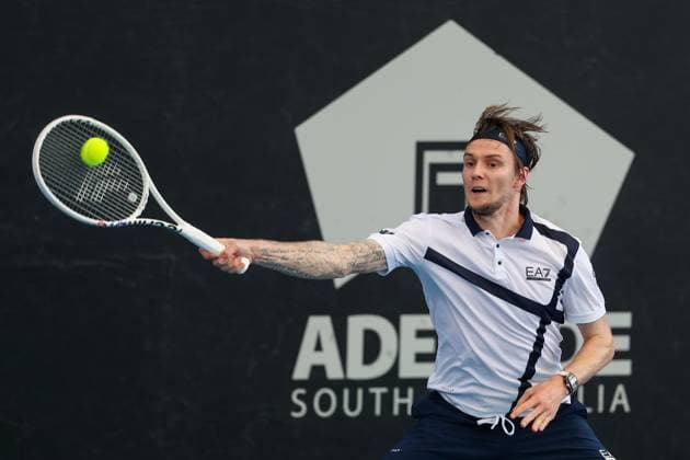 TENNIS ADELAIDE INTERNATIONAL, Alexander Bublik of Kazakhstan in action against Lorenzo Musetti of Italy during their Quarter Final match of the 2024 Adelaide International at Memorial Drive Tennis Centre in Adelaide, Thursday, January 11, 2024. ( NO ARCHIVING, EDITORIAL USE ONLY, NO USE IN BOOKS WITHOUT CONSENT ADELAIDE SOUTH AUSTRALIA AUSTRALIA  Copyright: xMATTxTURNERx 20240111001887438711