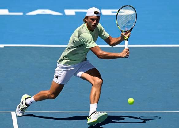 11th January 2024: Auckland, New Zealand: Alexandre Muller of France plays a shot during his quarter final singles match at the ASB Classic tennis tournament in Auckland, New Zealand.  ActionPlus12596127 AndrewxCornaga