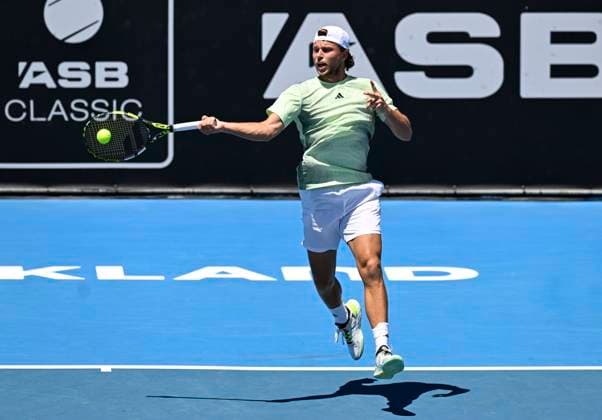 11th January 2024: Auckland, New Zealand: Alexandre Muller of France plays a shot during his quarter final singles match at the ASB Classic tennis tournament in Auckland, New Zealand.  ActionPlus12596129 AndrewxCornaga