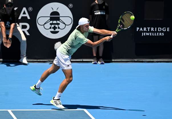 11th January 2024: Auckland, New Zealand: Alexandre Muller of France plays a shot during his quarter final singles match at the ASB Classic tennis tournament in Auckland, New Zealand.  ActionPlus12596131 AndrewxCornaga