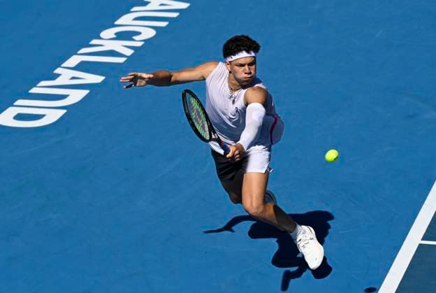 11th January 2024: Auckland, New Zealand: Ben Shelton of the USA during his quarter final singles match at the ASB Classic tennis tournament in Auckland, New Zealand.  ActionPlus12596162 AndrewxCornaga