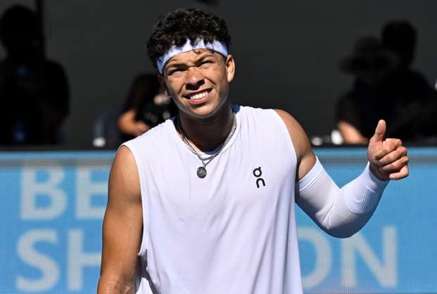 11th January 2024: Auckland, New Zealand: Ben Shelton of the USA during his quarter final singles match at the ASB Classic tennis tournament in Auckland, New Zealand.  ActionPlus12596164 AndrewxCornaga