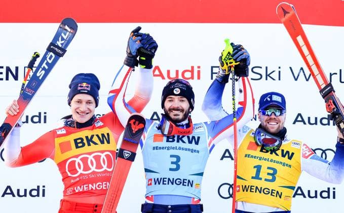 Bilder des Jahres 2024, Sport 01 Januar Sport Themen der Woche KW02 Sport Bilder des Tages ALPINE SKIING - FIS WC Wengen WENGEN,SWITZERLAND,12.JAN.24 - ALPINE SKIING - FIS World Cup, Super G, men, award ceremony. Image shows the rejoicing of Marco Odermatt (SUI), Cyprien Sarrazin (FRA) and Aleksander Aamodt Kilde (NOR).  GEPAxpictures xMarioxBuehner-Wei