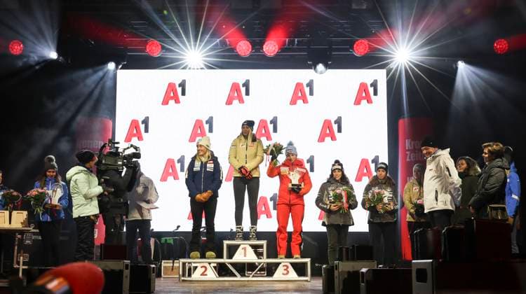 ALPINE SKIING - FIS WC Altenmarkt Zauchensee ALTENMARKT ZAUCHENSEE,AUSTRIA,12.JAN.24 - ALPINE SKIING - FIS World Cup, Super G, ladies, award ceremony. Image shows Kajsa Vickhoff Lie (NOR), Cornelia Huetter (AUT), Lara Gut-Behrami (SUI).  GEPAxpictures xWolfgangxGrebien