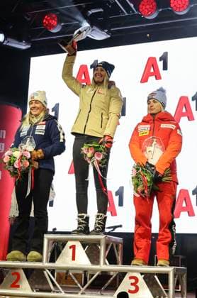 ALPINE SKIING - FIS WC Altenmarkt Zauchensee ALTENMARKT ZAUCHENSEE,AUSTRIA,12.JAN.24 - ALPINE SKIING - FIS World Cup, Super G, ladies, award ceremony. Image shows Kajsa Vickhoff Lie (NOR), Cornelia Huetter (AUT), Lara Gut-Behrami (SUI).  GEPAxpictures xWolfgangxGrebien
