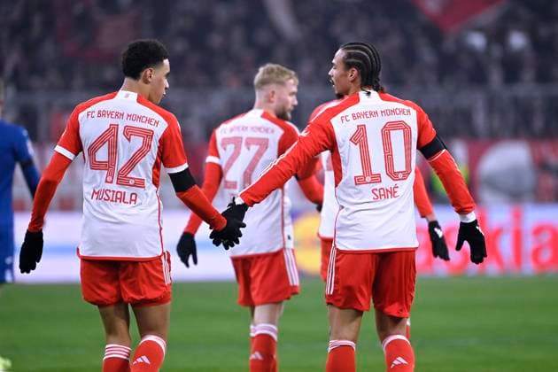MUSIALA Jamal Team FC Bayern Muenchen jubelt nach seinem Tor zu 2 : 0 mit SANE Leroy Bundesliga Saison 2023 - 2024 Spiel FC Bayern Muenchen - TSG Hoffenheim am 12.01. 2024 DFL REGULATIONS PROHIBIT ANY USE OF PHOTOGRAPHS as IMAGE SEQUENCES and or QUASI-VIDEO Copyright: xJerryxAndrex