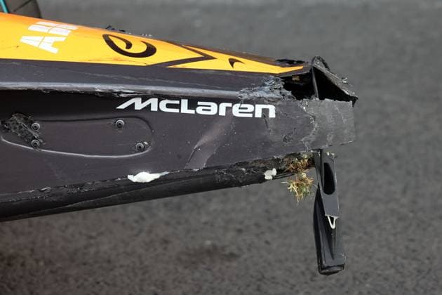 zerstörter Frontflügel an Jake Hughes verunfallten McLaren Gen3 Rennewagen, Box, Formel E FIA Weltmisterschaft Saison 10, Mexiko City E- Prix, Mexiko, 12.01.2024