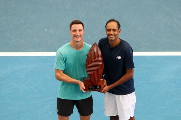 TENNIS ADELAIDE INTERNATIONAL, Rajeev Ram United States and Joe Salisbury United Kingdom after victory against Rohan Bopanna of India and Matthew Ebden of Australia during the Mens Doubles Final match of the 2024 Adelaide International at Memorial Drive Tennis Centre in Adelaide, Saturday, January 13, 2024. ( NO ARCHIVING, EDITORIAL USE ONLY, NO USE IN BOOKS WITHOUT CONSENT ADELAIDE SOUTH AUSTRALIA AUSTRALIA  Copyright: xMATTxTURNERx 20240113001888318634