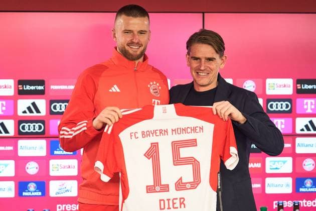 Sport Themen der Woche KW02 Offizielle Vorstellung Eric DIER (Bayern Muenchen) am 13.01.2024. Eric DIER (Bayern Muenchen) und Christoph FREUND (Sportdirektor Bayern Muenchen) praesentieren das Trikot mit der Nummer 15. Photo by FC Bayern Muenchen via Fotoagentur Sven Simon *** Official presentation Eric DIER Bayern Muenchen on 13 01 2024 Eric DIER Bayern Muenchen and Christoph FREUND sports director Bayern Muenchen present the jersey with the number 15 Photo by FC Bayern Muenchen via