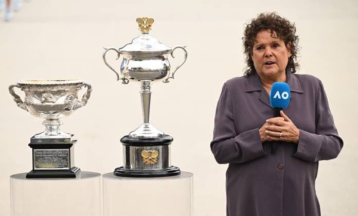 TENNIS AUSTRALIAN OPEN, Former Australian tennis player Evonne Goolagong Cawley is seen with the Daphne Akhurst Memorial Cup and the Norman Brookes Challenge Cup during the trophy arrival ceremony on Day 1 of the 2024 Australian Open at Melbourne Park in Melbourne, Sunday, January 14, 2024. ( NO ARCHIVING, EDITORIAL USE ONLY, NO USE IN BOOKS WITHOUT CONSENT MELBOURNE VICTORIA AUSTRALIA  Copyright: xJAMESxROSSx 20240114001888644582