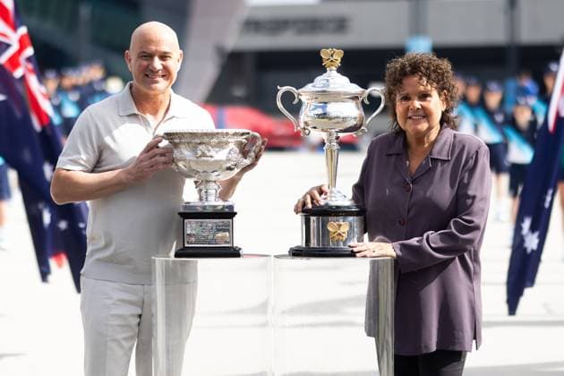 January 14, 2024, Melbourne, Victoria, Australia: MELBOURNE, AUSTRALIA - JANUARY 14: Andre Agassi and Evonne Goolagong Cawley pose with the Norman Brookes Challenge Cup and the Daphne Akhurst Memorial Cup at the Trophy arrival ceremony during day one of the 2024 Australian Open at Melbourne Park on January 14, 2024 in Melbourne, Australia Melbourne Australia - ZUMAp121 20240114_zsp_p121_011 Copyright: xChrisxPutnamx