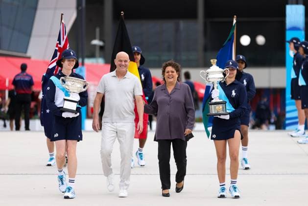January 14, 2024, Melbourne, Victoria, Australia: MELBOURNE, AUSTRALIA - JANUARY 14: Andre Agassi and Evonne Goolagong Cawley pose with the Norman Brookes Challenge Cup and the Daphne Akhurst Memorial Cup at the Trophy arrival ceremony during day one of the 2024 Australian Open at Melbourne Park on January 14, 2024 in Melbourne, Australia Melbourne Australia - ZUMAp121 20240114_zsp_p121_014 Copyright: xChrisxPutnamx