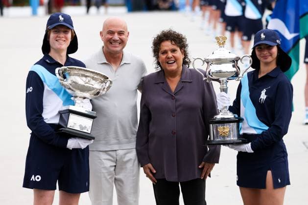 January 14, 2024, Melbourne, Victoria, Australia: MELBOURNE, AUSTRALIA - JANUARY 14: Andre Agassi and Evonne Goolagong Cawley pose with the Norman Brookes Challenge Cup and the Daphne Akhurst Memorial Cup at the Trophy arrival ceremony during day one of the 2024 Australian Open at Melbourne Park on January 14, 2024 in Melbourne, Australia Melbourne Australia - ZUMAp121 20240114_zsp_p121_017 Copyright: xChrisxPutnamx