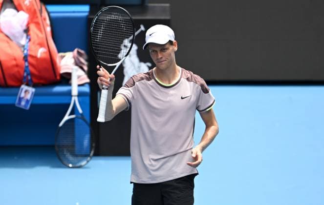 TENNIS AUSTRALIAN OPEN, Jannik Sinner of Italy reacts after winning his first round match against Botic van de Zandschulp of Netherlands on Day 1 of the 2024 Australian Open at Melbourne Park in Melbourne, Sunday, January 14, 2024. ( NO ARCHIVING, EDITORIAL USE ONLY, NO USE IN BOOKS WITHOUT CONSENT MELBOURNE VICTORIA AUSTRALIA  Copyright: xLUKASxCOCHx 20240114001888744429