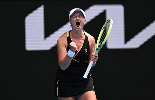 Sport Themen der Woche KW02 TENNIS AUSTRALIAN OPEN, Barbora Krejcikova of Czech Republic reacts after winning her first round match against Mai Hontama of Japan on Day 1 of the 2024 Australian Open at Melbourne Park in Melbourne, Sunday, January 14, 2024. ( NO ARCHIVING, EDITORIAL USE ONLY, NO USE IN BOOKS WITHOUT CONSENT MELBOURNE VICTORIA AUSTRALIA  Copyright: xLUKASxCOCHx 20240114001888745247